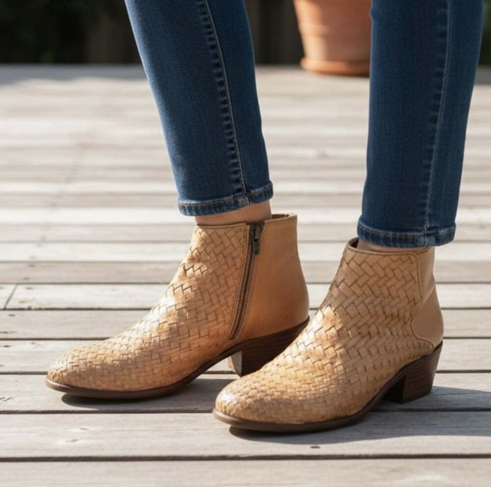Frye Carson Woven Leather Tan Ankle Booties with Side Zip New Size 6